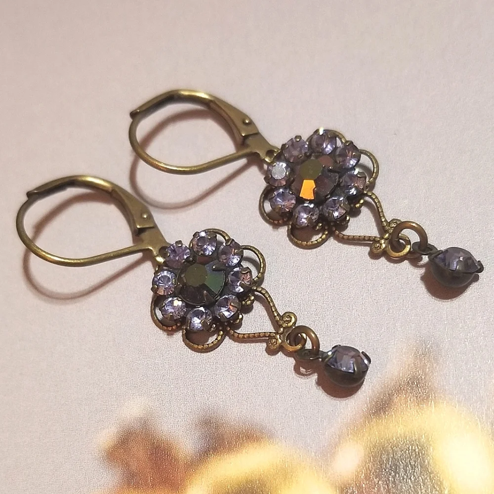 Vintage Filigree Purple and Black Crystal Dangle Earrings - Picture 3 of 6